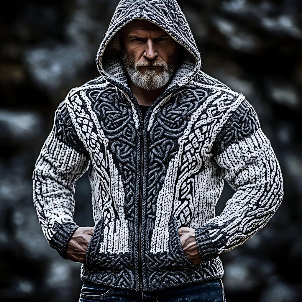 Men's Zippered Dual Pocket Casual Printed Hoodie