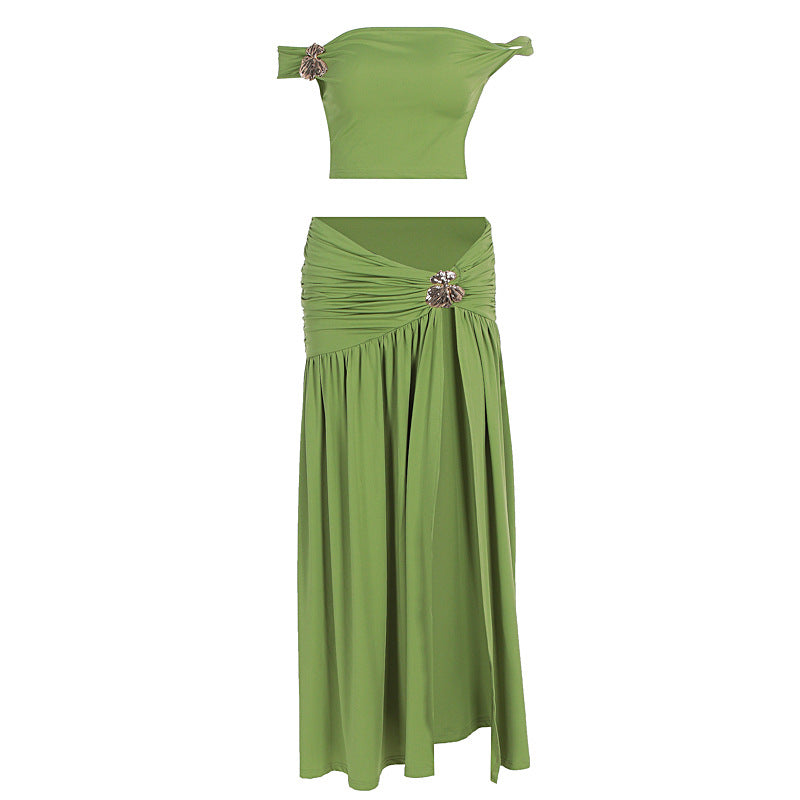 Women's Top And Slit Pleated Skirt Set