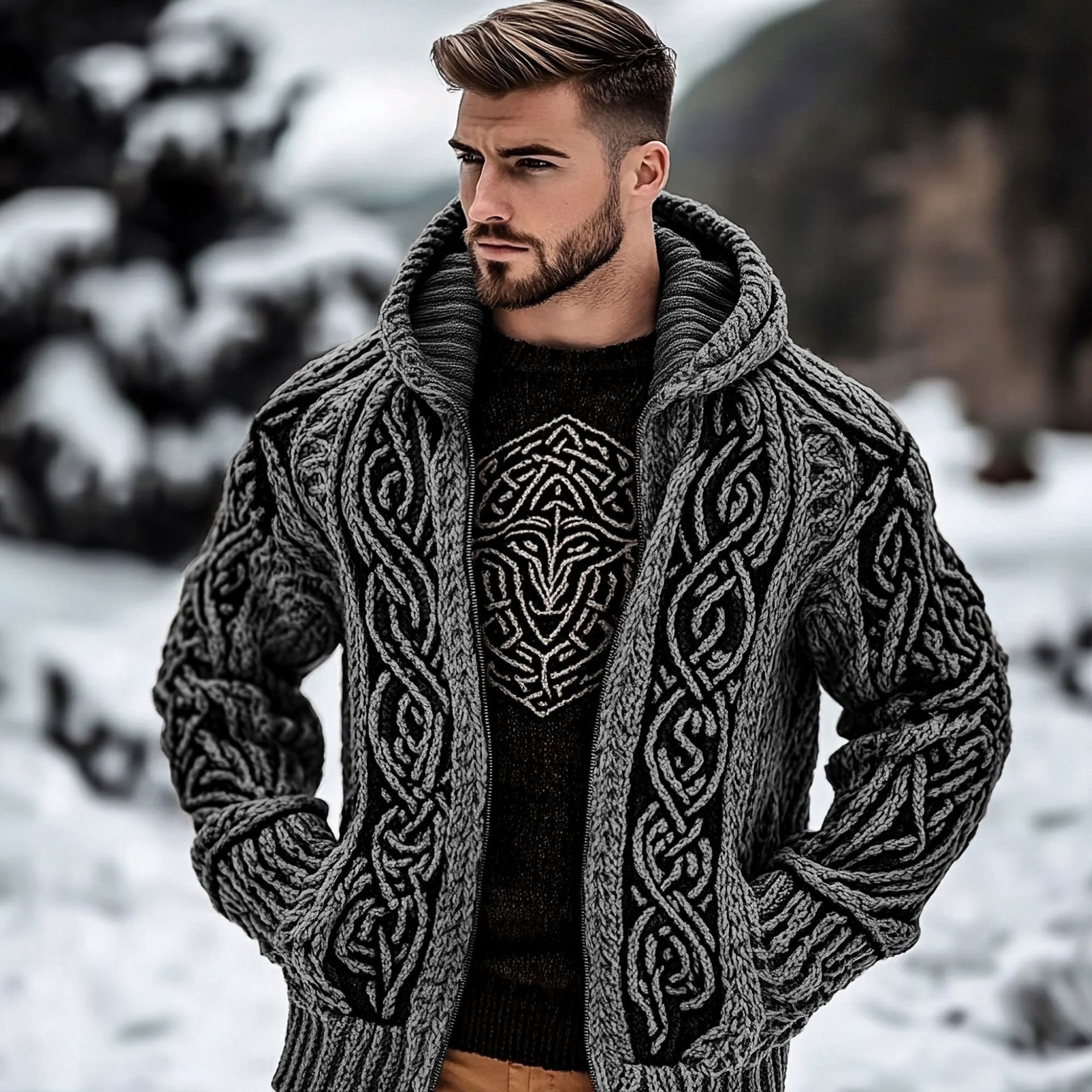 Men's Zippered Dual Pocket Casual Printed Hoodie
